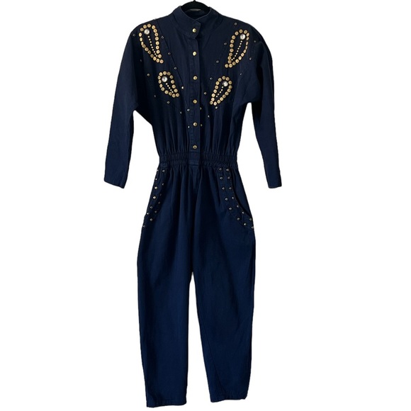 Vintage Rio Rhinestone Embellished Navy Jumpsuit - Picture 1 of 11
